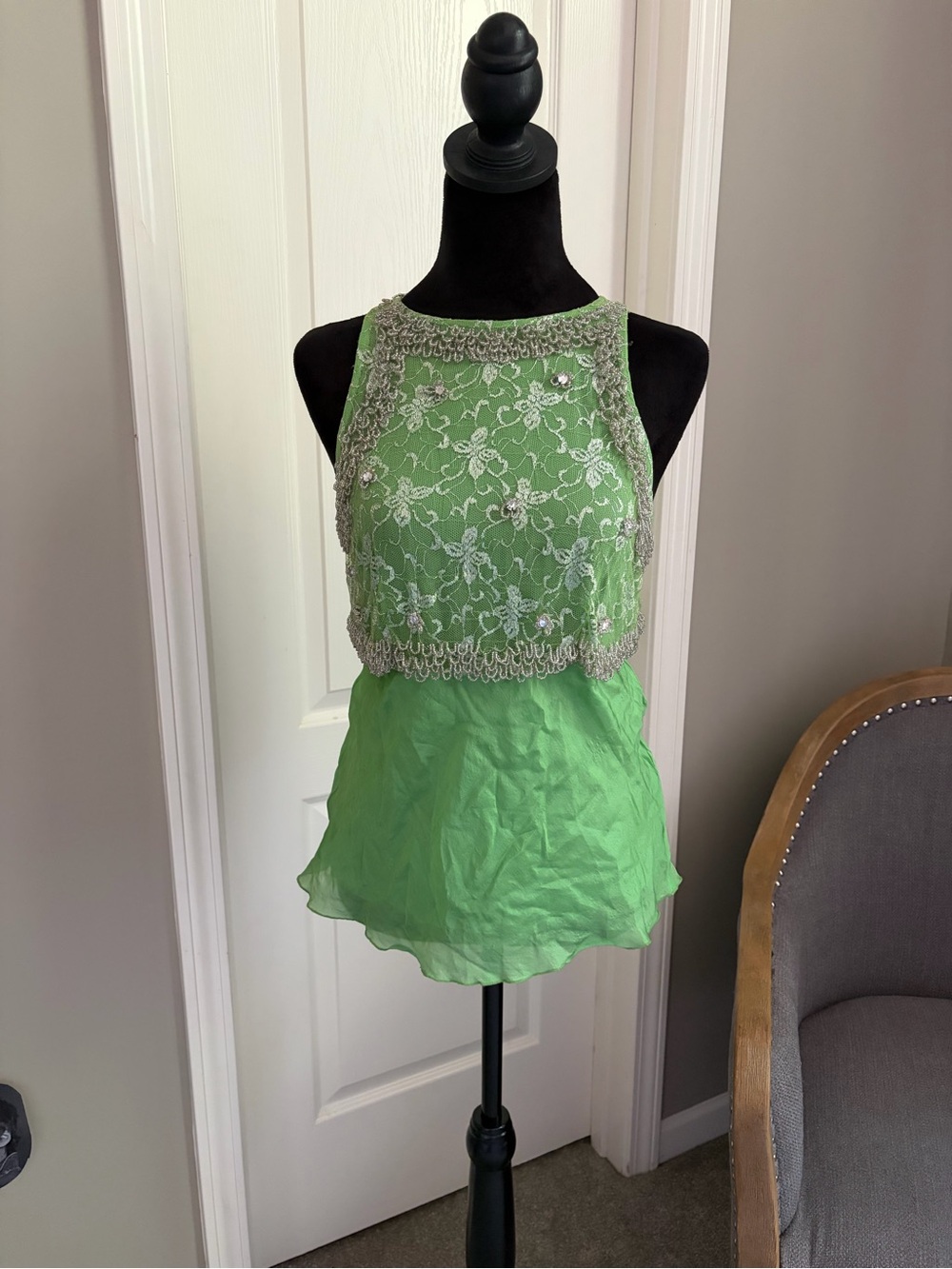 Embroidered Lace Halter Tank Top in Green